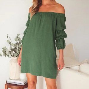 LULUS BY THE PIER WASHED GREEN OFF THE SHOULDER PUFF SLEEVE MINI DRESS S NWT $48